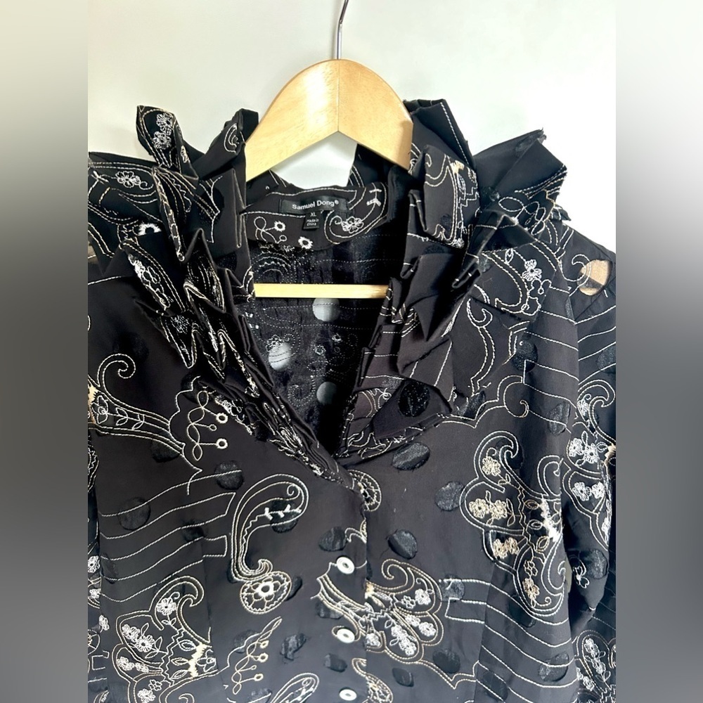 Samuel Dong Ruffled neck Button Jacket Artsy Textured Blouse - Picture 8 of 11